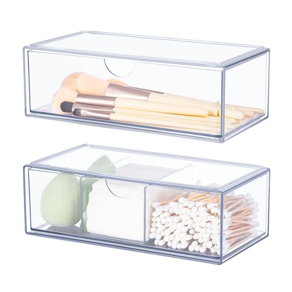 FoiiLiio Make up Kosmetik Organizer 2 Set, Make up Organizer mit Schubladen, Wattestäbchen Behälter Transparent Einfache Aufbewahrung für Eyeliners Lippenstift Wimperntusche Make Up Pinsel Wattepads