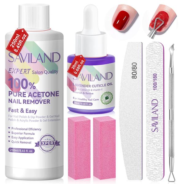 SAVILAND Acetone Nail Polish Remover Kit: Gel Remover with Cuticle Oil Rich in Castor Oil & VE for Repairing Nail, Nail File Buffer Tools for Dip Acrylic Remove Quick Expert Home Salon Use 8.45 Oz