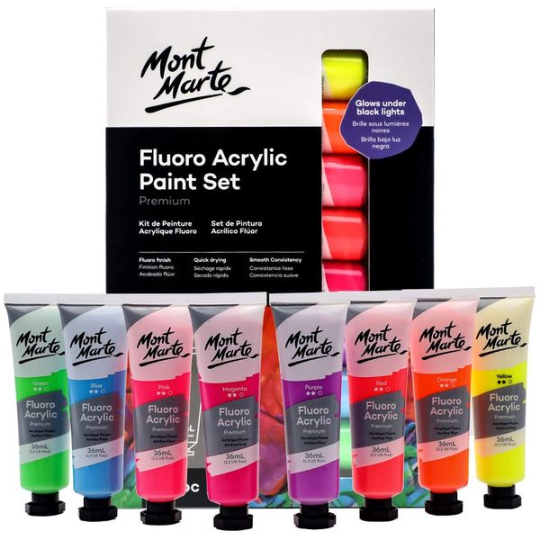 MONT MARTE Fluro Acrylic Paint Intro Set 8pce x 36ml, 8 Colours, Suitable for Use with Canvas, Card, Paper and Wood