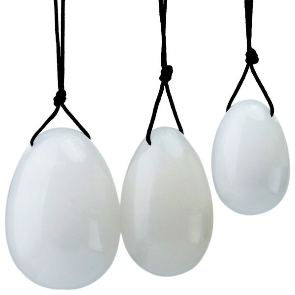 rockcloud White Jade Set of 3 Drilled Yoni Eggs with String, Massage Stones for Women to Train Pelvic Muscles Kegel Exercise