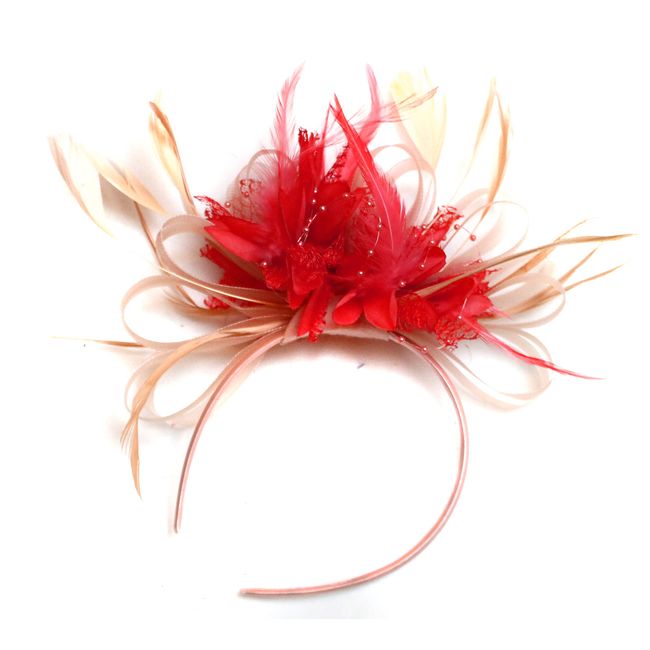 Caprilite Fashion Nude Salmon and Red Feather Hair Fascinator Headband Wedding Royal Ascot Races Ladies