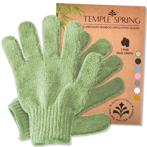 Temple Spring Exfoliating Gloves - Bamboo Bath/Shower Gloves, Bath Gloves for Shower Exfoliating and Ingrown Hair/Dead Skin Remover - Sage Green - Exfoliator Mitt Scrub Gloves