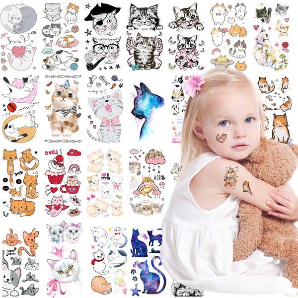 ANIUVOT 24 Sheets Cat Tattoos Temporary for Kids and Adults, Cute Cartoon Kitten Meow Body Stickers in Bulk, Farm Animal Birthday Party Favors for Children and Pet Lovers