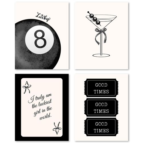 FGFK Trendy Retro Black Lucky 8 Ball Cocktail Preppy Ace Card Porker Good Times Ticket Wall Art Prints Set of 4, Funky Retro Bar Poster Wall Decor for Home Bar Girls Room Dorm Apartment, 8x10 Unframed