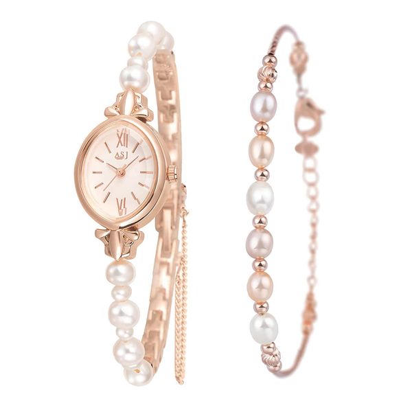 JewelryWe Women Bangle Bracelet Watch Set Pearl Bracelet Oval Quartz Analog Dress Watches