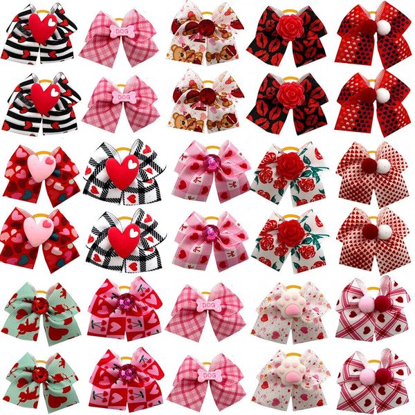 100Pcs Valentine's Day Dog Hair Bows Rubber Band Pearl Pet Grooming Accessories