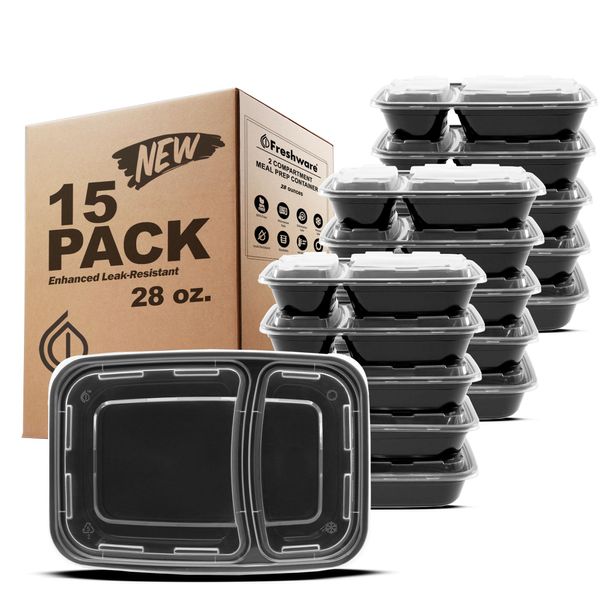 Freshware Meal Prep Containers [15 Pack] 2 Compartment with Lids, Food Storage Containers, Bento Box, BPA Free, Stackable, Microwave/Dishwasher/Freezer Safe (28 oz), Black