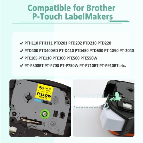 Topcolor 6-Pack Tze631 12mm 0.47 Laminated Yellow Label Tape Compatible for Brother Tze-631 Tze631 TZ-631 P Touch Label Tape Tz Tze 12mm 1/2" Black on Yellow for PTD210 PTD220 PTD400 PT1290 PT2040