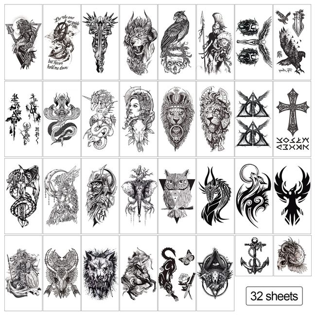 Aresvns Temporary Tattoo for Men Women and kids,32 Sheets Black Realistic Fake Tattoos Waterproof,Panda,Tiger,Bear,Wolf,Snake,Eagle,Ancient Warriors