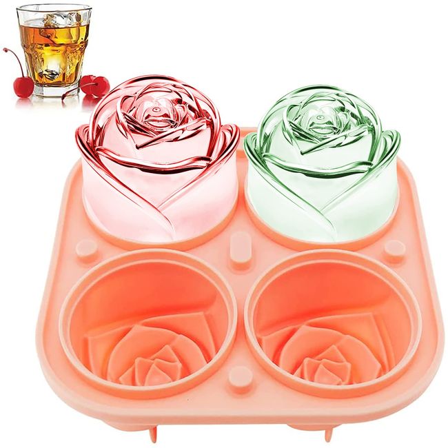 KooMall 3D Rose Ice Molds 2.5 Inch, Large Ice Cube Trays, Make 4 Giant Cute Flower Shape Ice, Silicone Rubber Fun Big Ice Ball Maker for Cocktails Juice Whiskey Bourbon Freezer, Dishwasher Safe, Pink