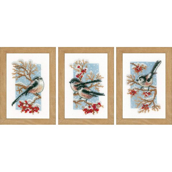 Vervaco Counted Cross Stitch Kit: Long-Tailed Tits & Red Berries: Set of 3, Cotton, NA, 8 x 12cm