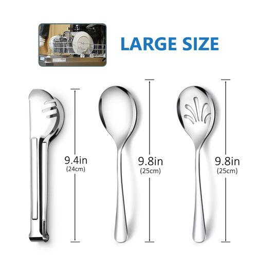 Stainless Steel Metal Serving Utensils - Large Set of 9-10" Serving Spoons, 10" Slotted Spoons, and 9" Serving Tongs by Teivio (Silver)
