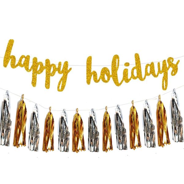 Happy Holiday Party Decorations, Happy Holiday Banner Decorations/Great for Holiday Party Backdrop Decorations Supplies/Home Office Decoration,Gold