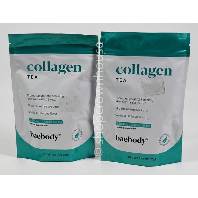 2 baebody 2500mg COLLAGEN TEA youthful healthy 14 Vanillia Hibiscus Teabags