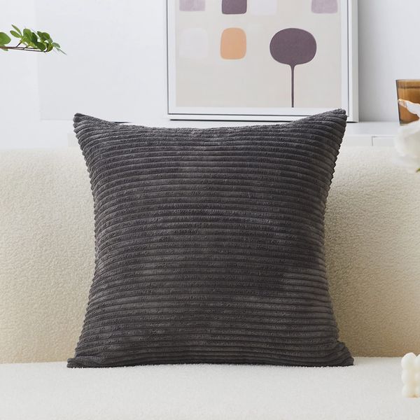 Home Brilliant Decor Soft Decorative Striped Corduroy Velvet Square Throw Pillow Sofa Cushion Covers for Couch, 45 x 45 cm, 18inch, Dark Grey