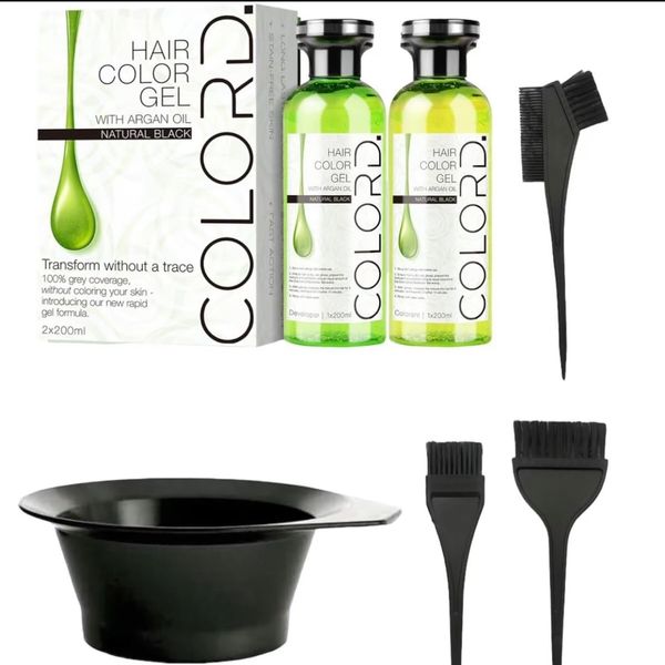 COLORD HAIR COLOR GEL BUNDLE SET 250ml NATURAL BLACK, No Color to the Skin! Contains Argan Oil, No Ammonia, Fast Action 100% Grey Coverage, Beard Dye, Black Hair Dye