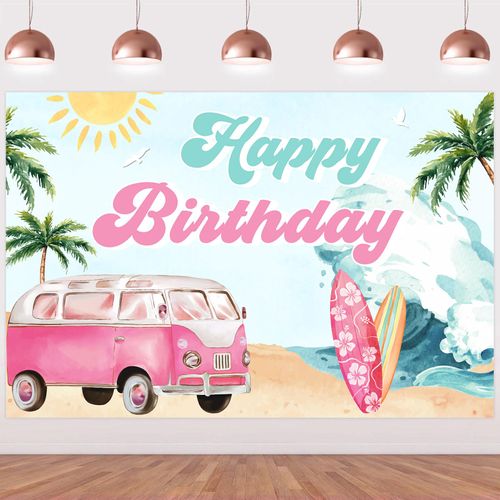 Surf Happy Birthday Backdrop - Summer Surfing Birthday Party Decorations for Girls, Surf Van Surfboard Palm Tree Beach Hawaiian Theme Photography Background 5x3ft, Swimming Pool Party Supplies