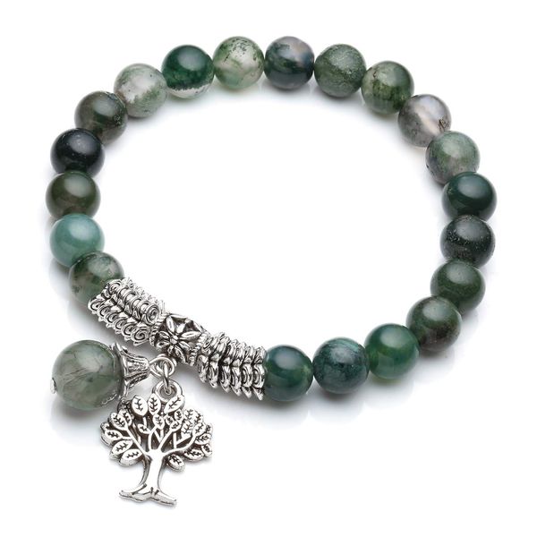 JSDDE Moss Agate Crystal Bracelet Reiki Healing Crystal Gemstone Beads Bracelet with Life Tree Charm Bracelets for Women