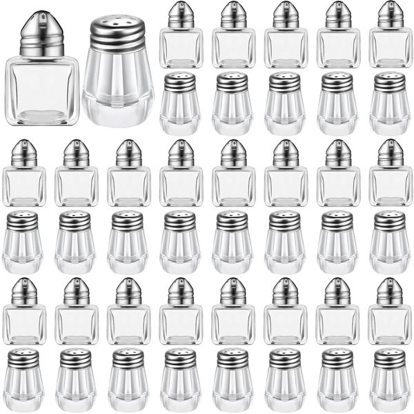 50 Set Mini Salt and Pepper Shakers Small Bulk Clear Individual Seasonings Shakers Tiny Spice Shakers Transparent Seasoning Shakers for Kitchen Wedding Picnic, 2 Styles (Silver Lids)