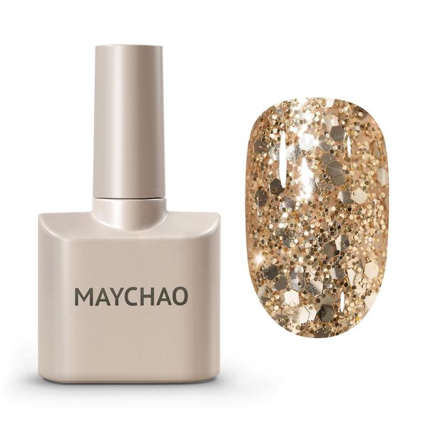 MAYCHAO Glitter Gel Nail Polish, 15ML Gold Glitter Gel Nail Polish, Soak Off UV LED Gold Glitter Gel Polish Nail Art Starter Manicure Salon DIY at Home, 0.5 OZ