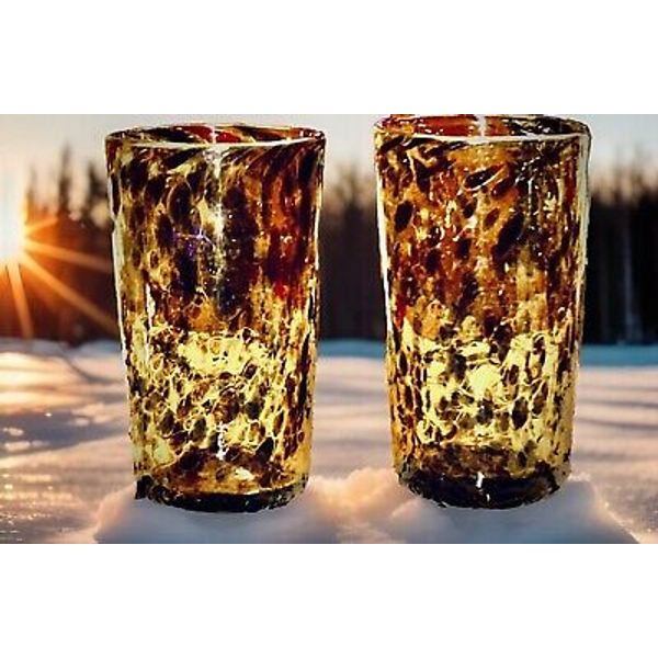 RARE TORTOISE SHELL AMBER Hand Blown Highball Tumbler Wine Glass Set Of 2