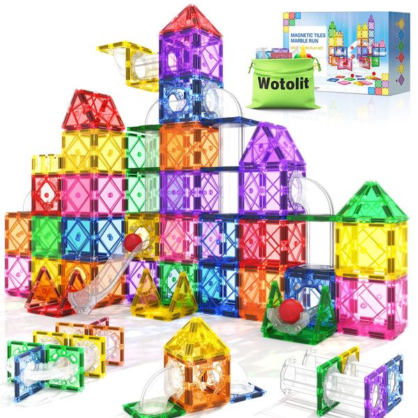 2-in-1 Magnetic Tiles Marble Run Race Track Kids Toys STEM Magnet Toys for Kids Toddler Magnetic Blocks Building Toys Preschool Learning Sensory Montessori Toys for 3+ Year Old Boys and Girls