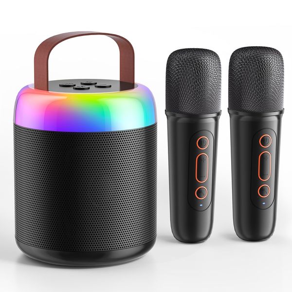 FOJELD Mini Karaoke Machine for Kids - Portable Bluetooth Speaker with 2 Wireless Microphones, Gift for Girls Toys 4, 5, 6, 7, 8, 10, 12+ Years Old Birthday Family Home Party(Y2-Black-2 Mic)