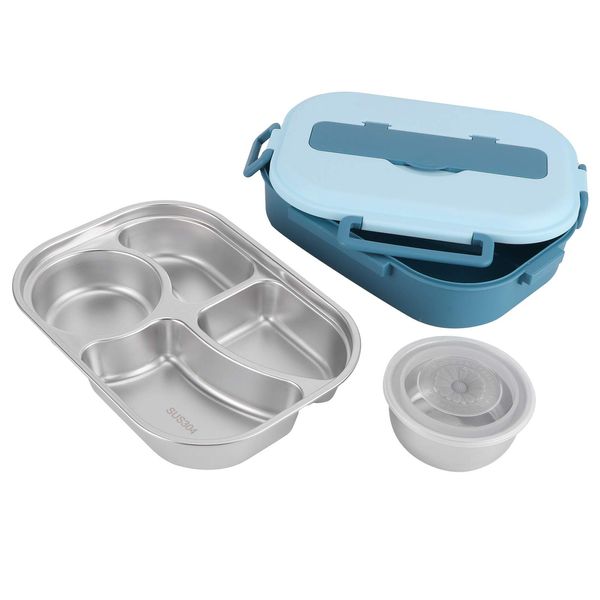 Lunchbox aus Edelstahl mit 4 Gittern, Box, Auslaufsichere Metallboxen, Tragbarer Lebensmittelaufbewahrungsbehälter, der Deckel Enthält Löffel und Essstäbchen (Yosoo Health