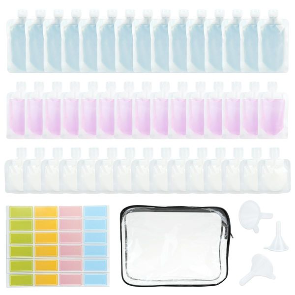 IBEQUEM 52Pcs Travel Pouches for Toiletries, Refillable Leak Proof Empty Squeeze Pouches Stand Up, Portable Travel Fluid Makeup Packing Bag for Shampoo Conditioner Lotion(30ml, 50ml, 100ml)