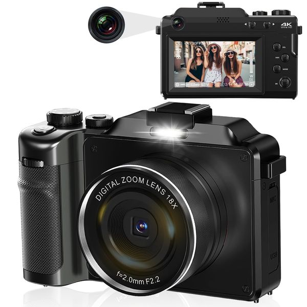 4K Digital Cameras for Photography - lovpo 56MP Autofocus Vlogging Camera for YouTube with Front and Rear Lens, 18X Zoom, WiFi Point and Shoot Camera with SD Card, 3" HD Screen, 2 Batteries