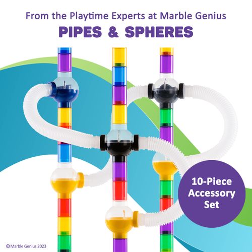 Marble Genius Marble Run Pipes & Spheres Accessory Add-on Set - 10 Pieces Total (4 Pipes, 1 Ramp Sphere, 1 Alternating Sphere, 1 Straight Sphere, & 3 Tube Spheres), with Instruction App Access
