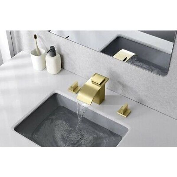 Waterfall Bathroom Faucet 3 Hole 8" Widespread Bathroom Sink Brushed Gold #C2