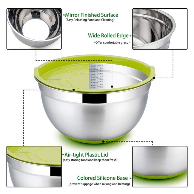 Mixing Bowl Set With Lids, 7/3.5/2.5/1.5/1 Qt, Stainless Steel