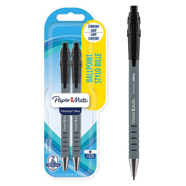 Paper Mate Flexgrip Ultra Retractable Ballpoint Pens | Medium Point (1.0 mm) | Black | Pack of 2