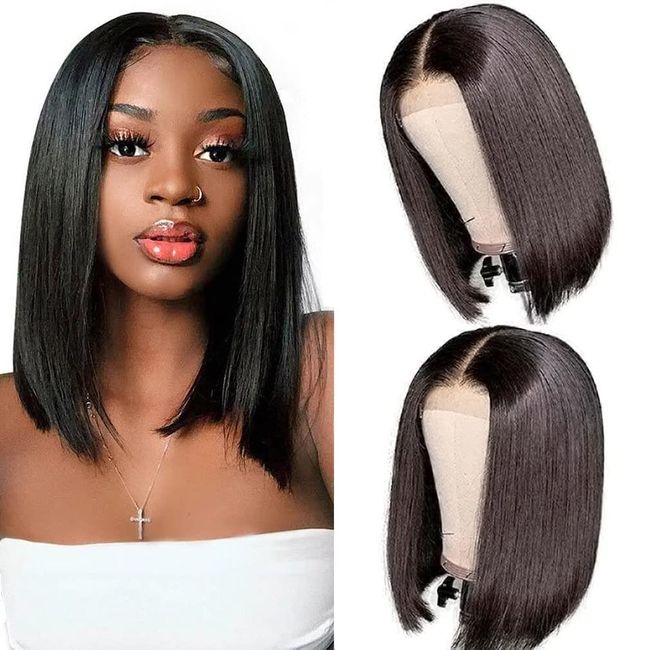 T Part Bob Lace Front Wig Human Hair(4x1T-bob14inch, Natural Color) Transparent Straight Bob Lace Frontal Wigs for Black Woman Brazilian Remy Short