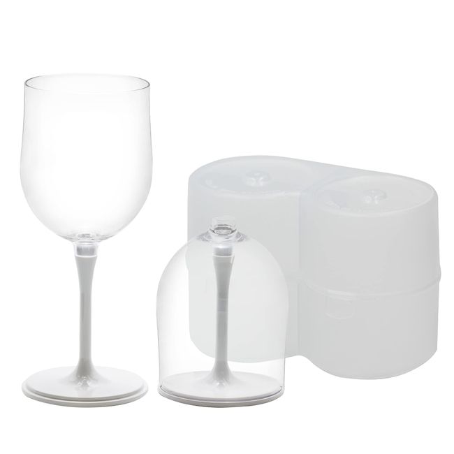 Ricce Set of 2 Building Wine Glasses Portable with Storage Case for Outdoor Camping Plastic Half Size Unbreakable Celebration Gift (White White)