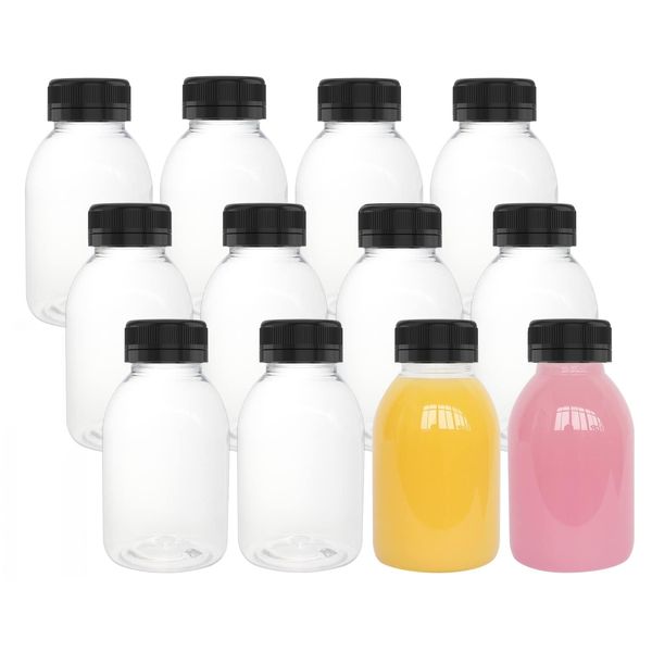 12 Pack 8 OZ (250 ml) Clear Plastic Juice Bottles with Lids, Bulk Beverage Containers with Black Tamper Evident Lids for Fruit Vegetable Juicing, Smoothie, Cold Drinks and Homemade Beverages