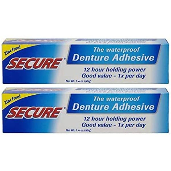 Secure Waterproof Denture Adhesive - Zinc Free - Extra Strong Hold For Upper, Lower or Partials - 1.4 oz (Pack of 2)