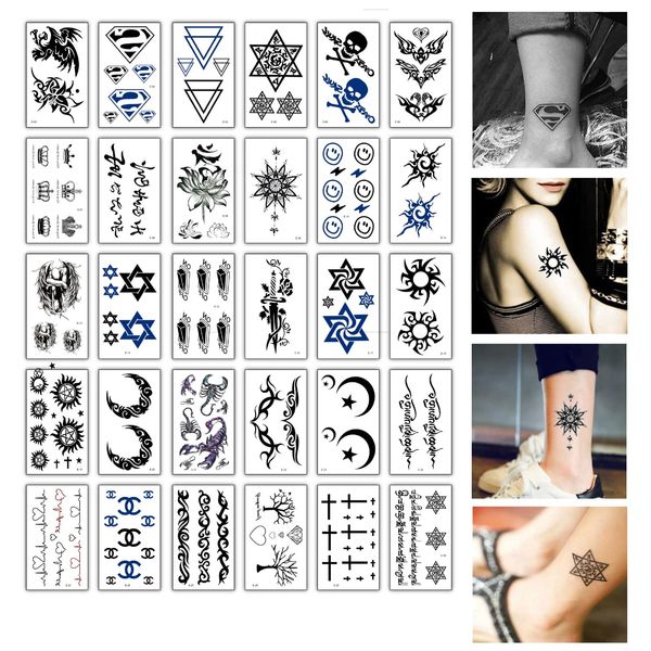 YFFSFDC Tattoo Stickers, Set of 30, Tattoo Stickers, Realistic Body Stickers, Waterproof, Long Lasting, Tattoo Stickers, Free Hand Ink, Tattoos, Cute, Numbers, Stars, Moon, Sun, Crown, Crosses, 2.2 x 3.8 inches (5.7 x 9.7 cm)