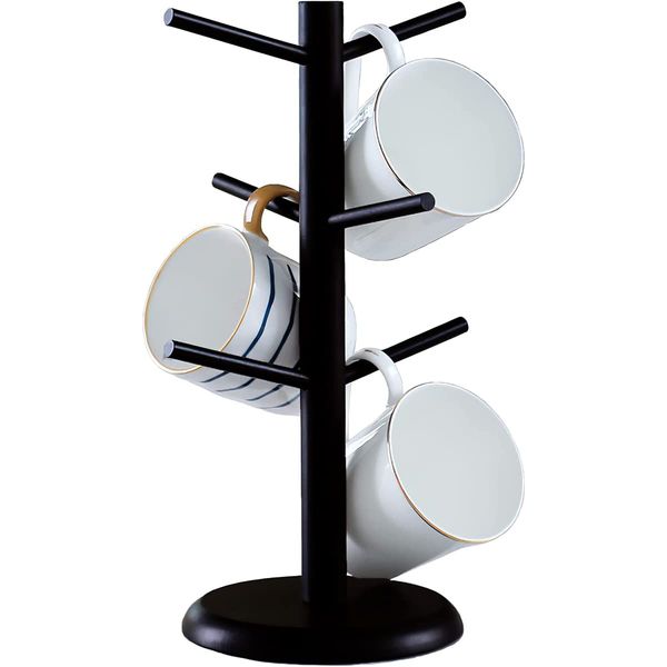 Dorhors Mug Tree,Mug Hanger Stand,Coffee Cup Holder with 6 Hooks,Wood Coffee Mug Holder for Counter,Coffee Bar Accessories and Decor,Coffee Organizer Station (Balck)