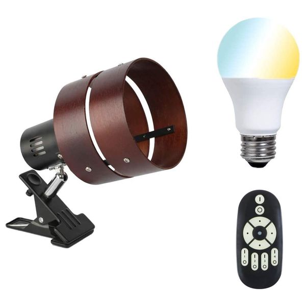 GT-SETTD-MQJZ-B-6WT2-Y Joint Lighting Clip Light Dimmable LED Bulb 40W Shape Remote Control Compatible, Brown E26, Desk Stand, Clip, Indirect Light, Switch Included, 2 Ring Wood Shade, Stylish, Outlet