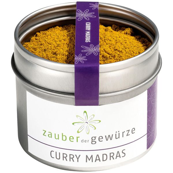 Zauber der Gewürze Curry Madras Pulver, Currypulver, aromatische indische Gewürzmischung mild, auch für Curry-Sauce und Curry-Paste, Top-Qualität in wiederverschließbarer Aroma-Dose, 50 g