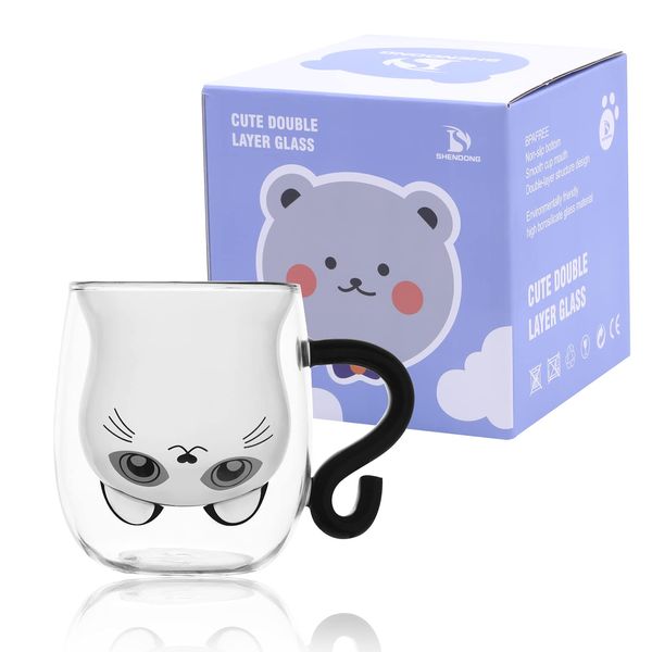 SHENDONG Cute Cat Mugs with Handle Cute Cups Cat Tea Coffee Cup 8.5oz Milk Cup Double Wall Insulated Glass Gift for Personal Birthday Valentine's Day and Christmas (Black Cat)