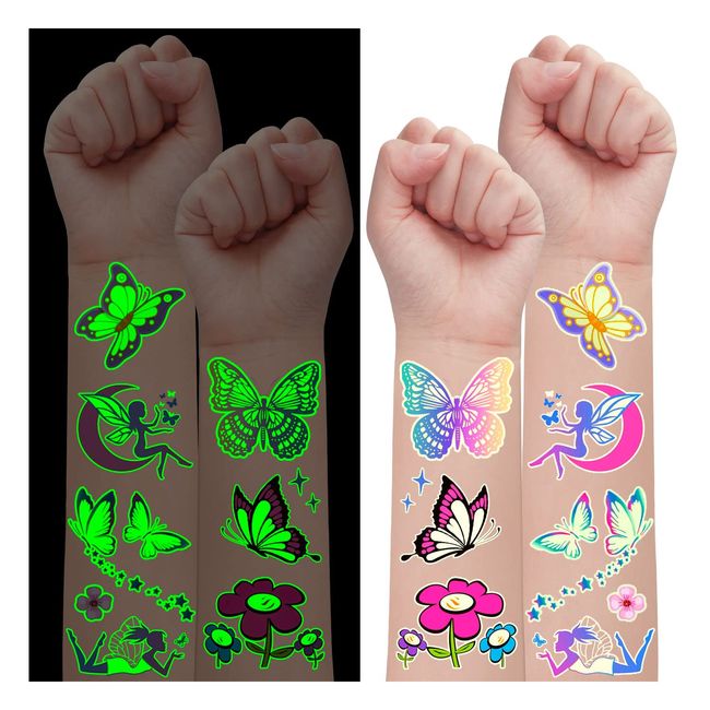 Leesgel 100 Styles Luminous Butterfly Temporary Tattoos for Kids, Butterfly Stickers Fake Tattoos for Glow Children Birthday Decorations Girls Party Bag Fillers Fairy Party Supplies Favors