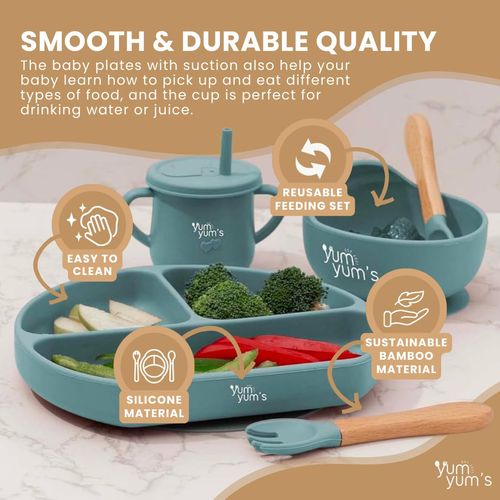 Yum Yum's Baby Weaning Set – includes Toddler Water Bottle, Suction Cups, Suction Bowl, Spoon, Fork, Baby Plate & More - Ideal Baby Feeding Set & Baby Gifts & Present - 10 Pieces (Blue)