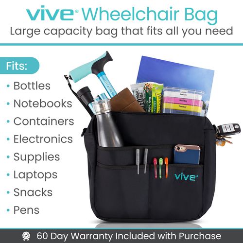 Vive Wheelchair Bag - Machine Washable, Double-Stitched, Water-Resistant Accessory Backpack for Rollators, Wheel Chairs, Walkers - Pouch with XL Pockets & Straps for Quick Installation
