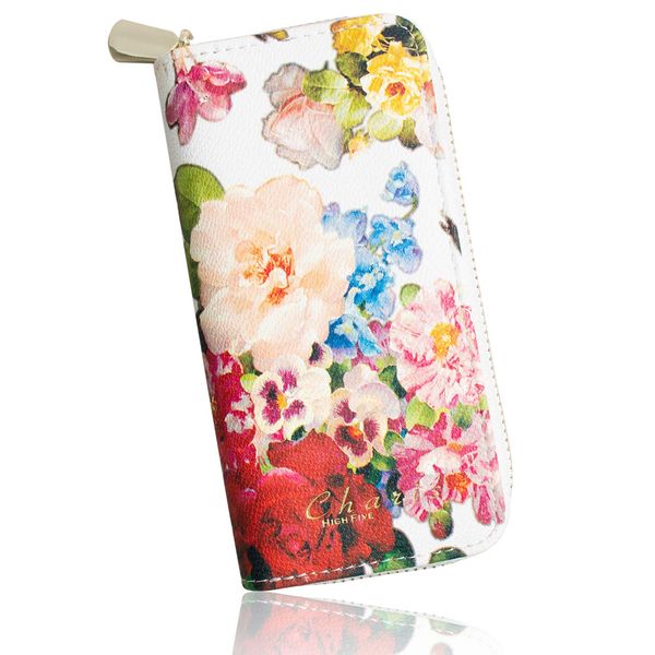 Charis HIGH FIVE My Blue Compatible Case, Dedicated Case, Floral Pattern, PU Leather, Compact, Notebook Type Cover, Round Zipper, Electronic Cigarette, Flavor Pod, Storage, White