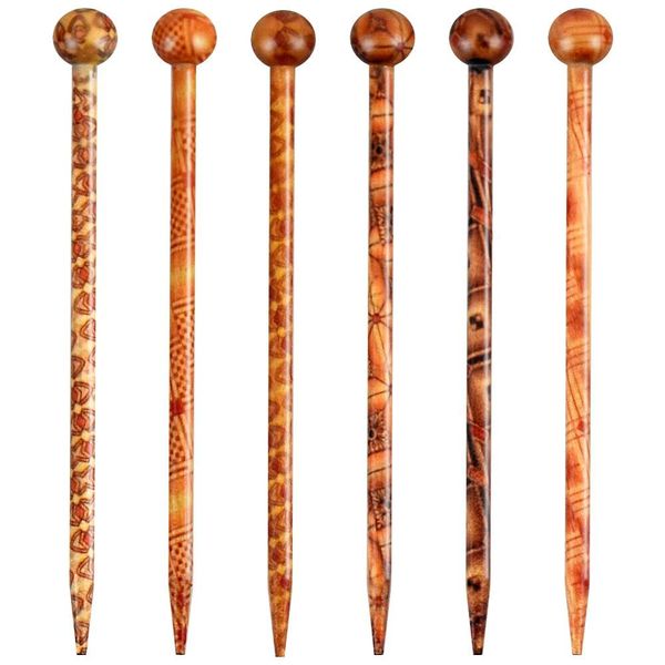 H H&J HUAJIAN Boho Vintage Wood Hair Styling Pins, 6 Pack 5.1" Different Prints for Quick Hair Styling