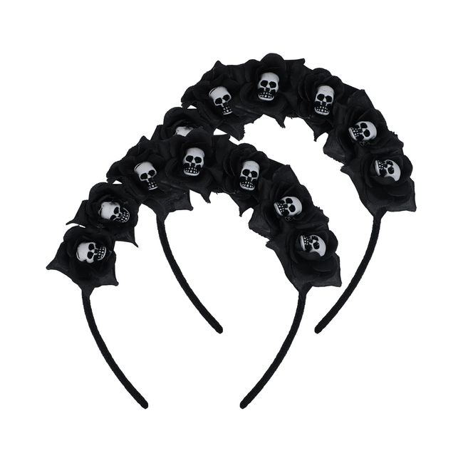 2 Pack Halloween Floral Headband Gothic Rose Crown Headdress Headhoop Black Flower Hair Wreath Garland Floral Headwear Day of the Dead Headpiece Halloween Cosplay Party Costume Fancy Dress Accessory