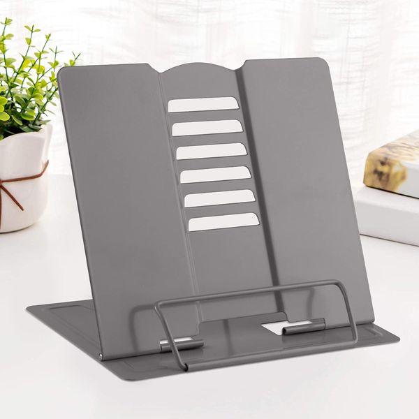 Metal Book Stand Reading Book Holder Lightweight Cook Book Stands Portable Textbook Holders Adjustable Recipe Document Stand Tablet Music Book Stands&Holders(Grey)